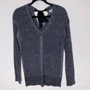 Kismet Elegant Black Silver Sparkly V Neck Sweater with Bow Detail M NWT
